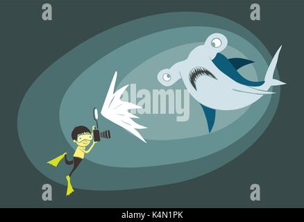 Illustration of a diver boy taking a photo of a hammerhead shark underwater Stock Vector