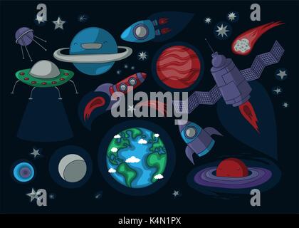 Outer space related cartoon elements: planets, rockets, asteroids, satellite, stars, ufo. Stock Vector