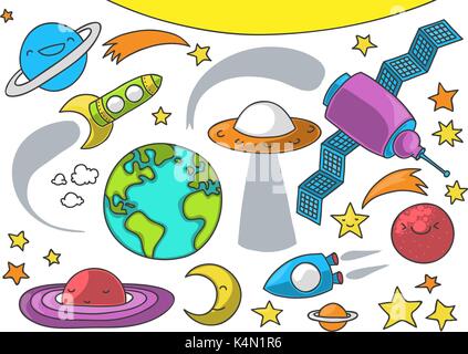 Cute illustration of outer space related elements on white background suitable for birthday card theme Stock Vector