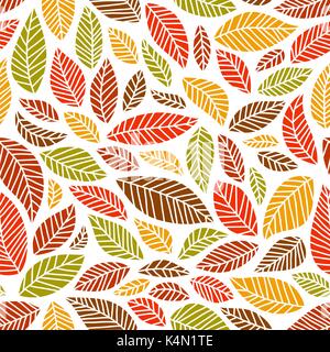 Seamless, colorful autumn leaves pattern on white background, square format. Stock Vector