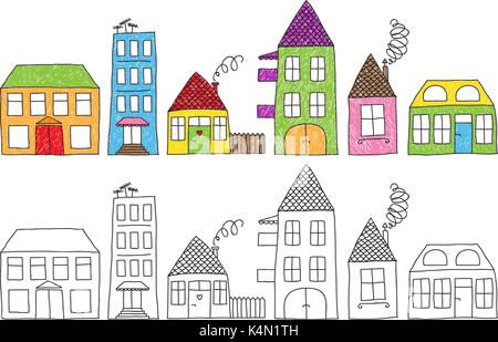 Set of naive childish drawing of different houses, colored imperfectly or not colored at all. Stock Vector