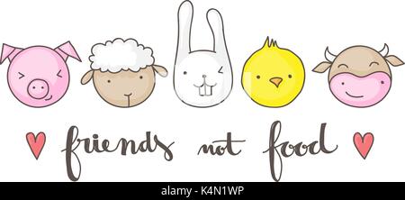 Friends not food, vegan concept illustration, with cute animal faces and faux calligraphy hand lettering text. Suitable for t-shirt design. Stock Vector