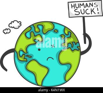Cute cartoon Earth protesting with a sign saying Humans Suck! You can replace the text with your message. Stock Vector