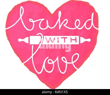 Cute hand lettering of the text "baked with love" on a watercolor heart. Stock Vector