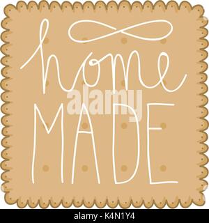 Illustration of a biscuit or cracker with hand lettering text saying home made. Stock Vector