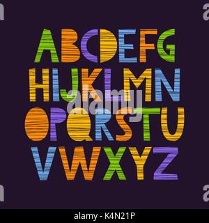 Cute and colorful childish hand drawn English alphabet, with scratched texture. Stock Vector