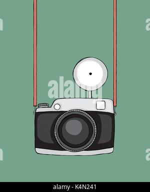 Hand drawn sketchy retro camera. Strap and flash can be easily removed. Hipster color palette. Stock Vector