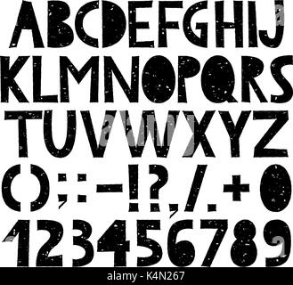 All caps hand drawn English alphabet with numbers and punctuation marks. Grunge rubber stamp effect texture. Stock Vector