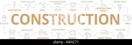 Vector construction thin line banner for design concept. Illustration for presentations on white background Stock Vector