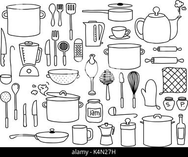 Kitchen utensils, pots and other kitchen related elements doodle collection. Stock Vector