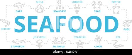 Vector seafood and fish thin line banner for design concept. Illustration for presentations on white background Stock Vector