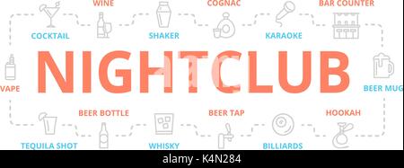 Vector night club thin line banner for design concept. Illustration for presentations on white background Stock Vector