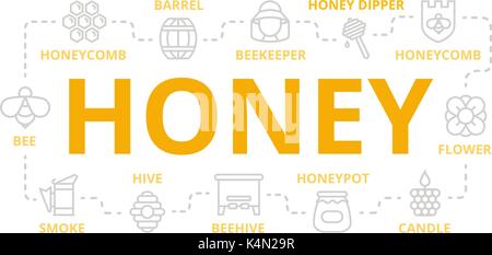 Vector honey thin line banner for design concept. Illustration for presentations on white background Stock Vector