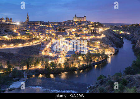 View over Tajo River at Santa Maria Cathedral and Alcazar, UNESCO World Heritage Site, Toledo, Castilla-La Mancha, Spain, Europe Stock Photo