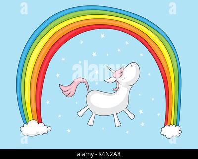 Cute cartoon unicorn under a rainbow with stars around. Stock Vector