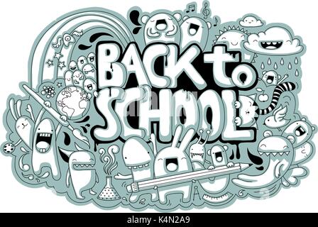 Cute hand-drawn school related doodle with different creatures and the text 'Back to School' Stock Vector