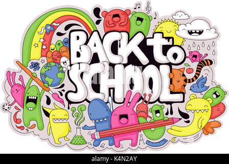 Cute hand-drawn school related doodle with different creatures, monsters and the text 'Back to School' Stock Vector