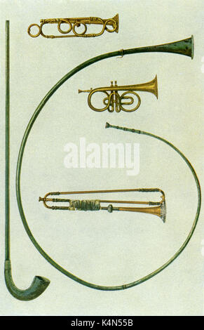 Roman instruments. Lituus (straight, curved end, type of karnyx) -  Used by Roman Cavalry.  Buccina (curved) used by Roman Infantry. Also, cornet and two Trumpets (made by J W Haas). Stock Photo