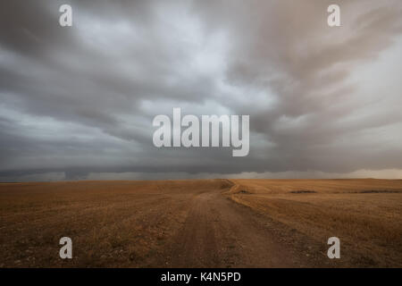 Stormy clouds over the path in the field Stock Photo