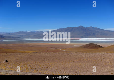 The desertic landscape of Southern Bolivia with the Laguna Colorada in the distance Stock Photo