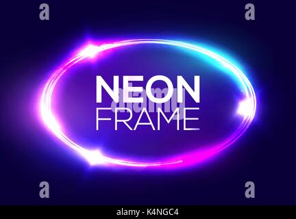 Neon sign. Oval frame with glowing and light. Electric bright 3d elliptical banner design on dark blue backdrop. Neon abstract ellipse background with flares and sparkles. Vintage vector illustration. Stock Vector