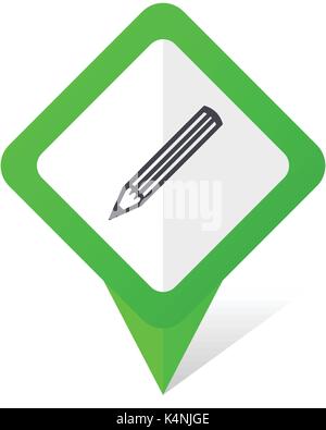 Pencil green square pointer vector icon in eps 10 on white background with shadow. Stock Vector