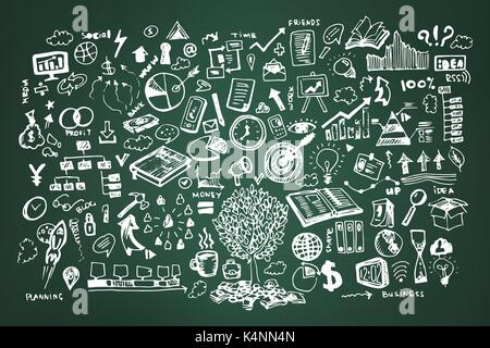 business doodle vector illustration. Icon and hand drawn elements, chalk icons on green board Stock Vector