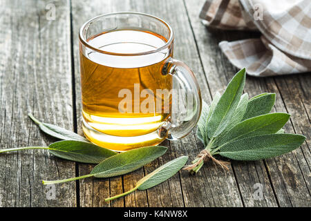 Sage tea and sage leaves. Infusion made from sage leaves. Medicinal  herb Salvia officinalis. Stock Photo