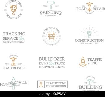 Set of retro vintage construction logo or insignia, emblems, labels and badges and other branding objects. Vector line style Stock Vector
