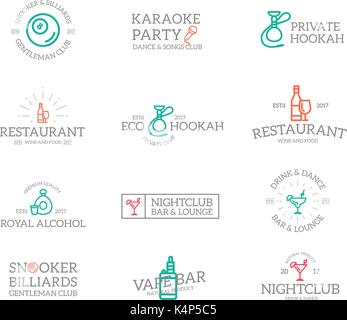 Set of retro vintage night club, karaoke, disco logo or insignia, emblems, labels and badges and other branding objects. Vector line style Stock Vector