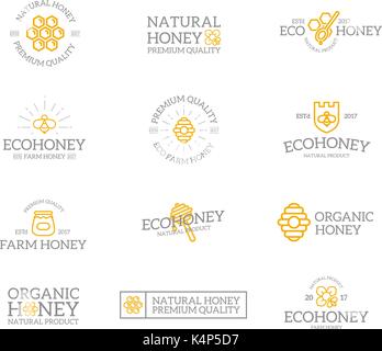 Set of retro vintage honey and bee logo or insignia, emblems, labels and badges and other branding objects. Vector line style Stock Vector