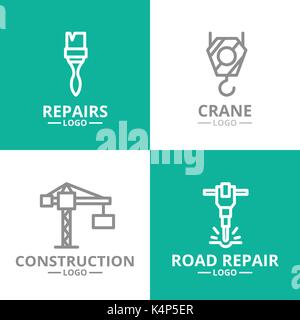 Set of construction, crane hook, paint brush, jackhammer logo or insignia, emblems, labels and badge. Vector line style Stock Vector
