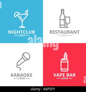 Set of night club, karaoke, disco, cocktail logo or insignia, emblems, labels and badge. Vector line style Stock Vector