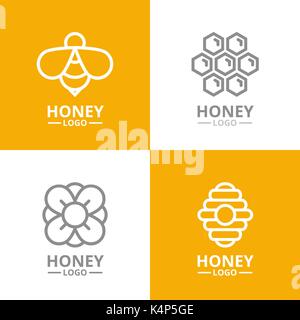 Set of retro vintage honey and bee, flower, honeycomb, hive logo or insignia, emblems, labels and badge. Vector line style Stock Vector