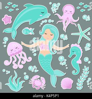 Cute trendy set of stickers emoji, patches badges Little Mermaid and the underwater world. Fairytale princess mermaid and dolphin, octopus, fish, jellyfish. Vector illustration. Stock Vector