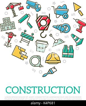 Vector construction colored icons in heart shape design concept. Illustration for presentations on white background Stock Vector