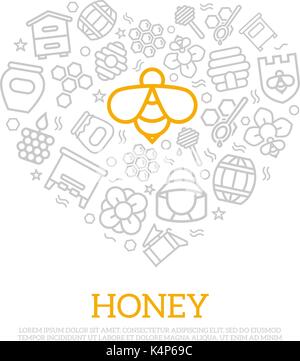 Vector honey thin line icons in heart shape design concept. Illustration for presentations on white background Stock Vector