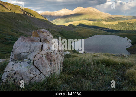 Hiking above Square Top Lakes, from Guanella Pass, Colorado.  In frame is Mount Bierstadt, one of Colorado's most popular 14ers. Stock Photo