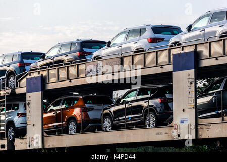 New Skoda cars on railway wagons produced by Skoda car factory Kvasiny, Czech Republic Stock Photo