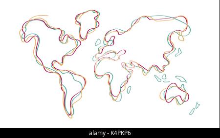 Abstract world map illustration with colorful continent silhouette outline in hand drawn pen doodle style. EPS10 vector. Stock Vector