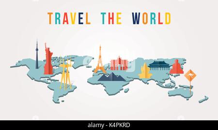 Travel the world illustration with map and worldwide landmarks in 3d paper cut style. Includes Eiffel tower, Liberty statue, Giza pyramids. EPS10 vect Stock Vector