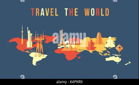 Travel the world illustration with map and worldwide landmarks in 3d paper cut style. Includes Eiffel tower, Liberty statue, Giza pyramids. EPS10 vect Stock Vector