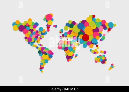 Colorful abstract world map concept illustration made of vibrant multicolor circles in 3d paper cut style. EPS10 vector. Stock Vector