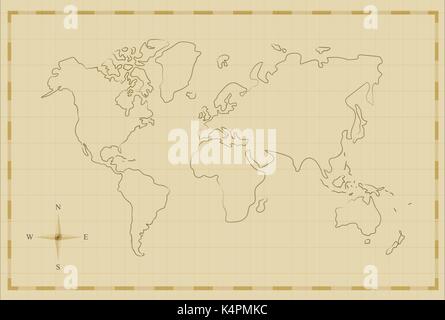 Vintage world map illustration template in old hand drawn style, antique pirate map concept. EPS10 vector. Stock Vector