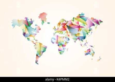 Abstract world map illustration template made of colorful transparent triangle shapes. Modern geometric planet silhouette. EPS10 vector. Stock Vector