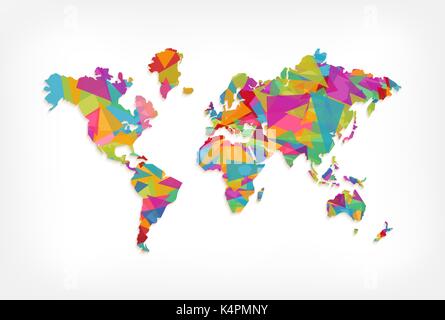 Abstract world map illustration template made of colorful triangle shapes. Modern geometric planet silhouette. EPS10 vector. Stock Vector