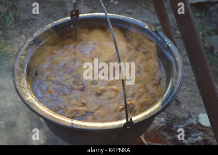 Juicy bubbling stew in a large pot cooking outdoors Stock Photo