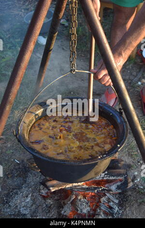 Juicy bubbling stew in a large pot cooking outdoors Stock Photo