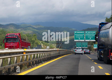 A1 Panoramica and A1 Direttissima to Bologna, Autostrada A1 Milano-Napoli called Autostrada del Sole, in Tuscan–Emilian Apennines mountains, Italy. 1  Stock Photo