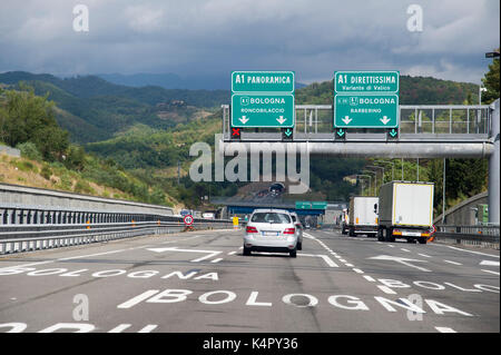 A1 Panoramica and A1 Direttissima to Bologna, Autostrada A1 Milano-Napoli called Autostrada del Sole, in Tuscan–Emilian Apennines mountains, Italy. 1  Stock Photo